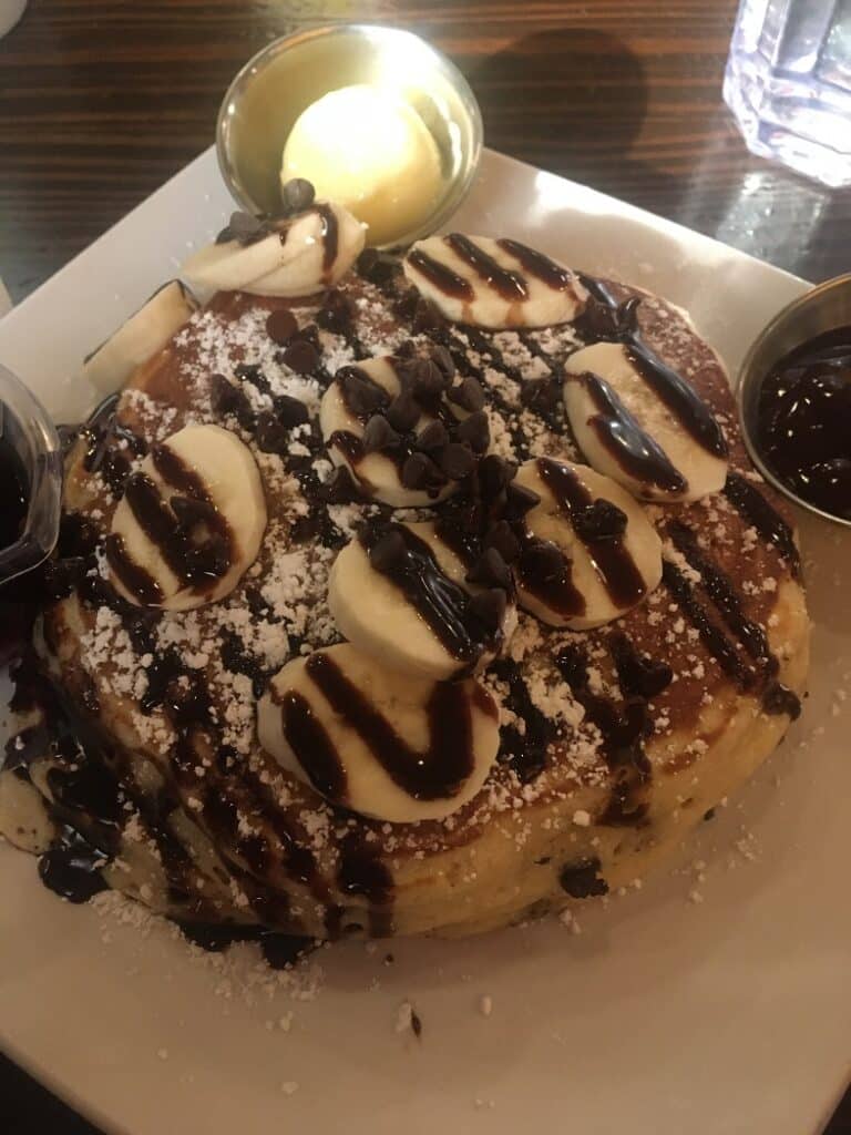 Stacked - Banana and Chocolate Chip Pancakes - Huntington Beach