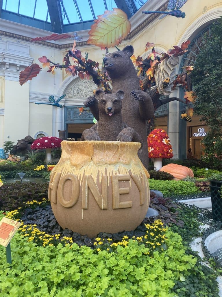 Bellagio Conservatory October 2020 Display - Fall Theme - bears playing in a honey pot