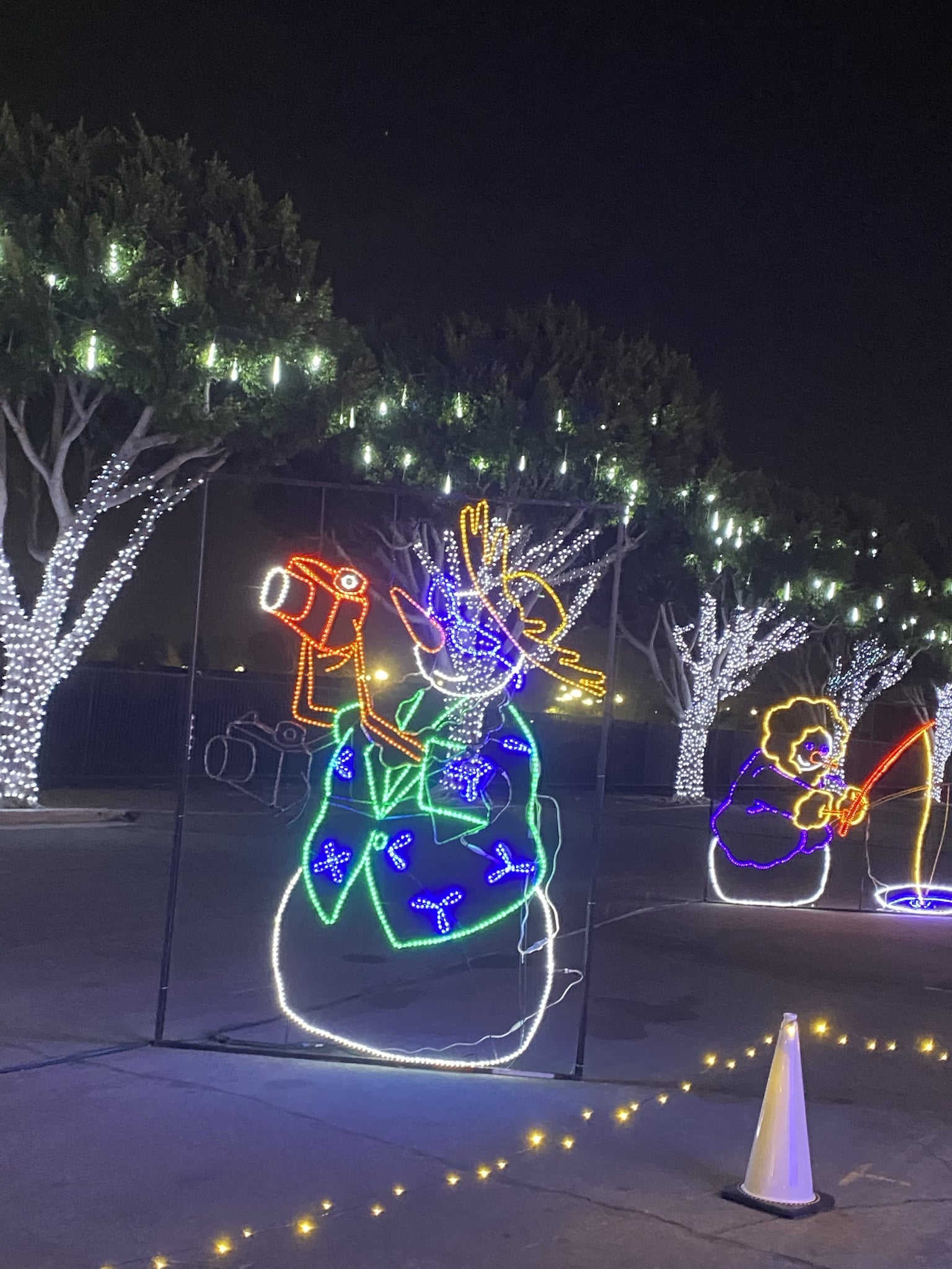 Snowman dressed as tourist with camera Christmas light display