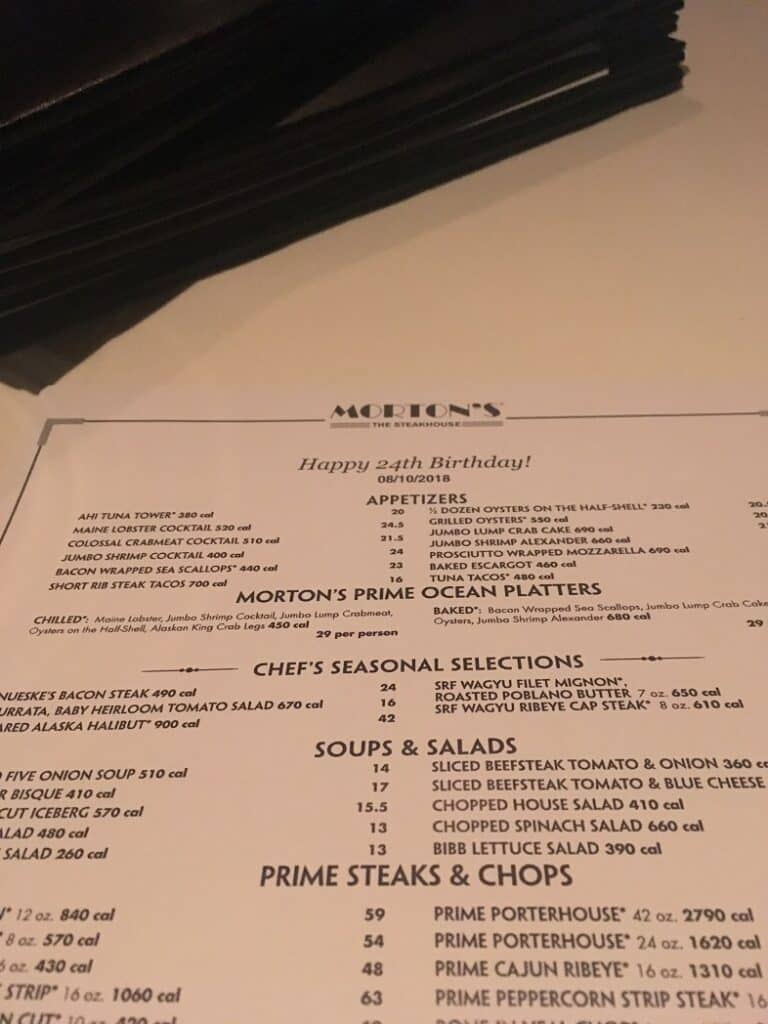 Morton's The Steakhouse birthday menu - Steakhouses in Orange County