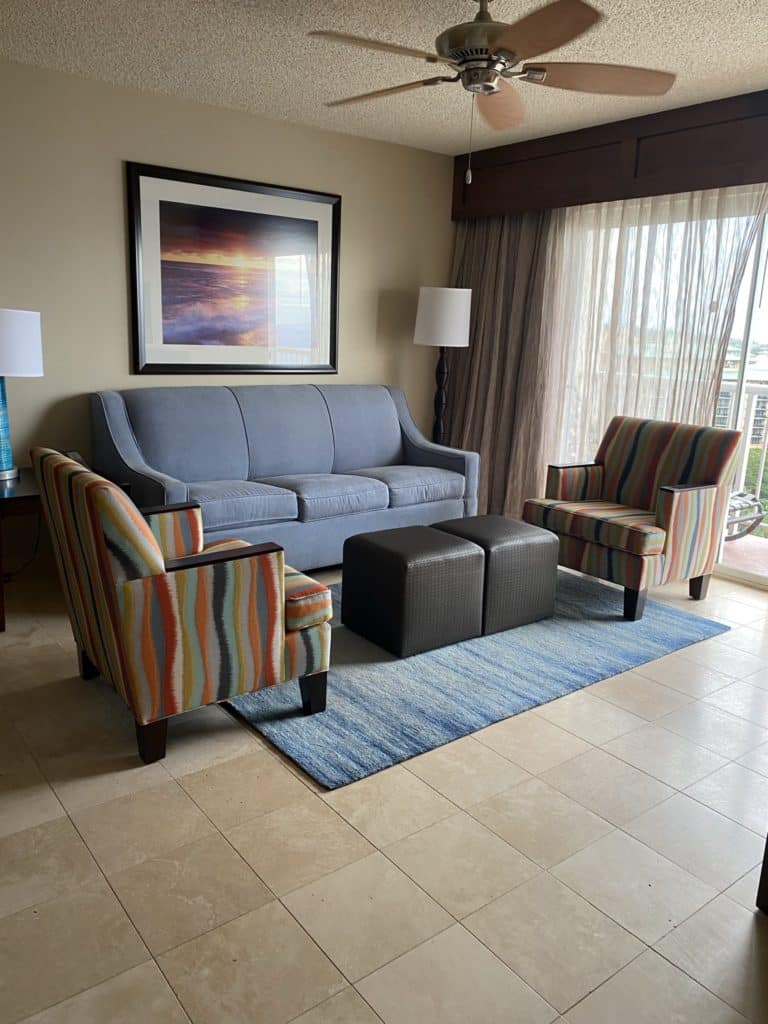 living room in the one bedroom deluxe oceanview suite at Ka'anapali Beach Club 