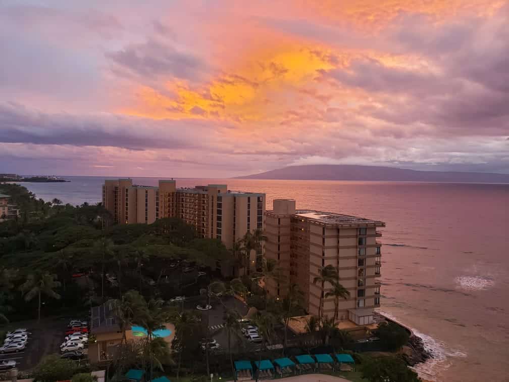sunrise view from the one bedroom deluxe oceanview suite at Ka'anapali Beach Club