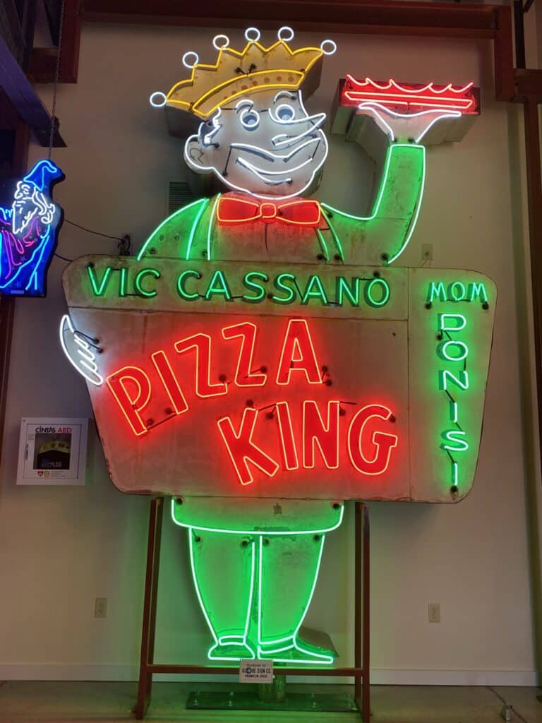 The American Sign Museum in Cincinnati, Ohio - neon sign from Cassano's Pizza reading Vic Cassano Pizza King 