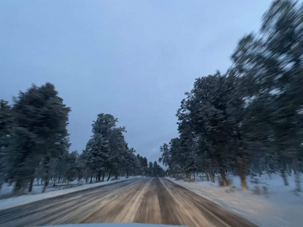 driving to the Grand Canyon in the snow