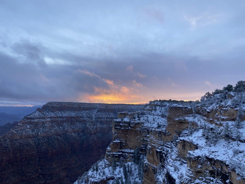 Grand Canyon winter sunrise with snow 