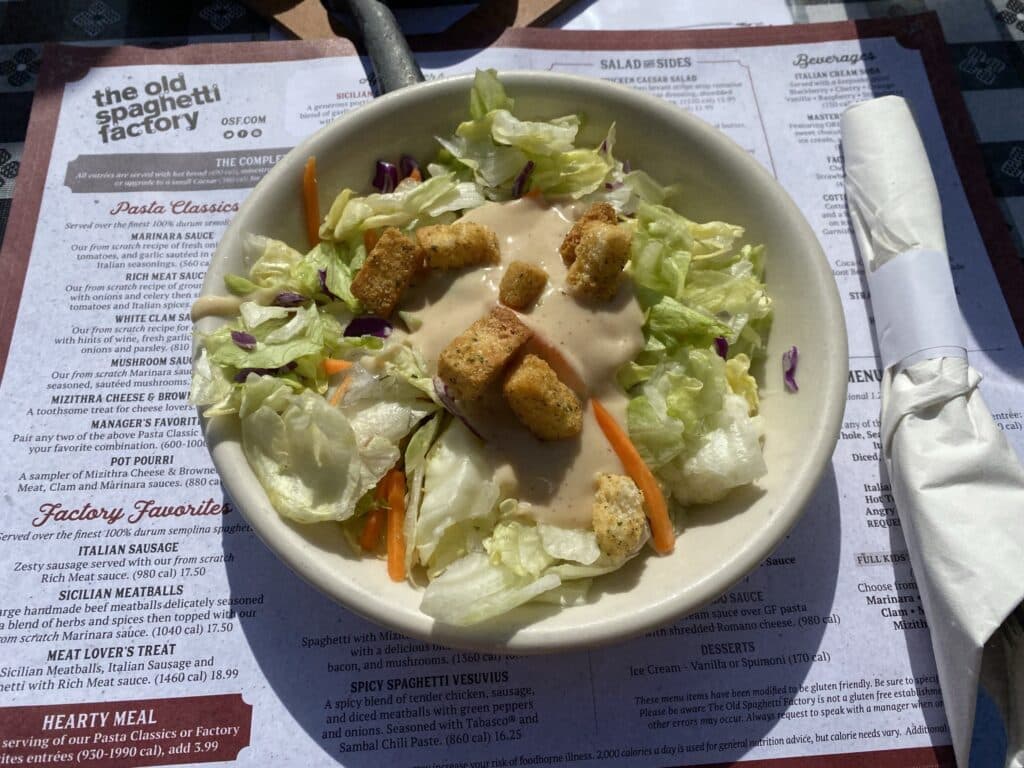 side salad with honey mustard dressing at The Old Spaghetti Factory