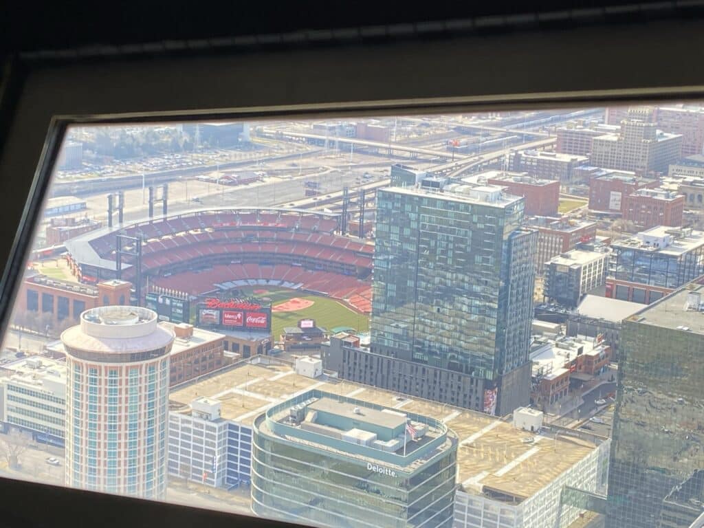 ballpark view on top of the Gateway Arch