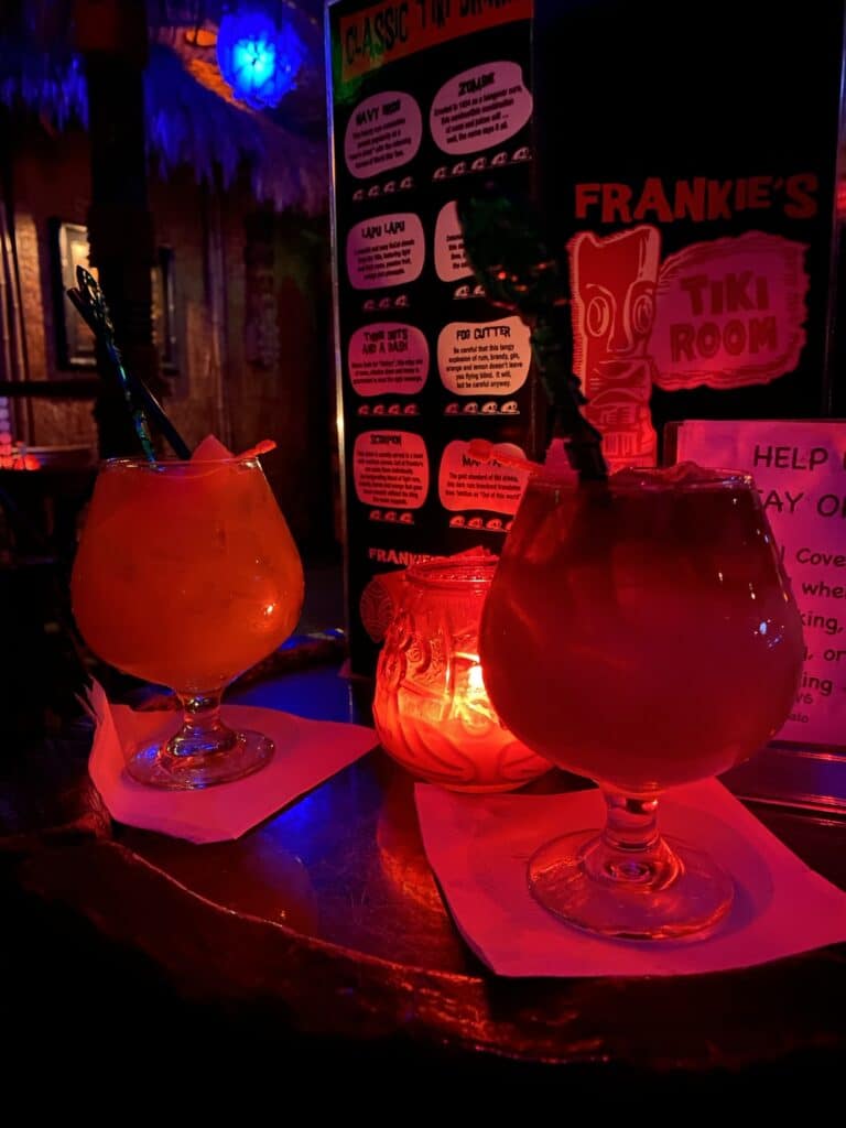 pair of mixed drinks at Frankie's Tiki Room in Las Vegas