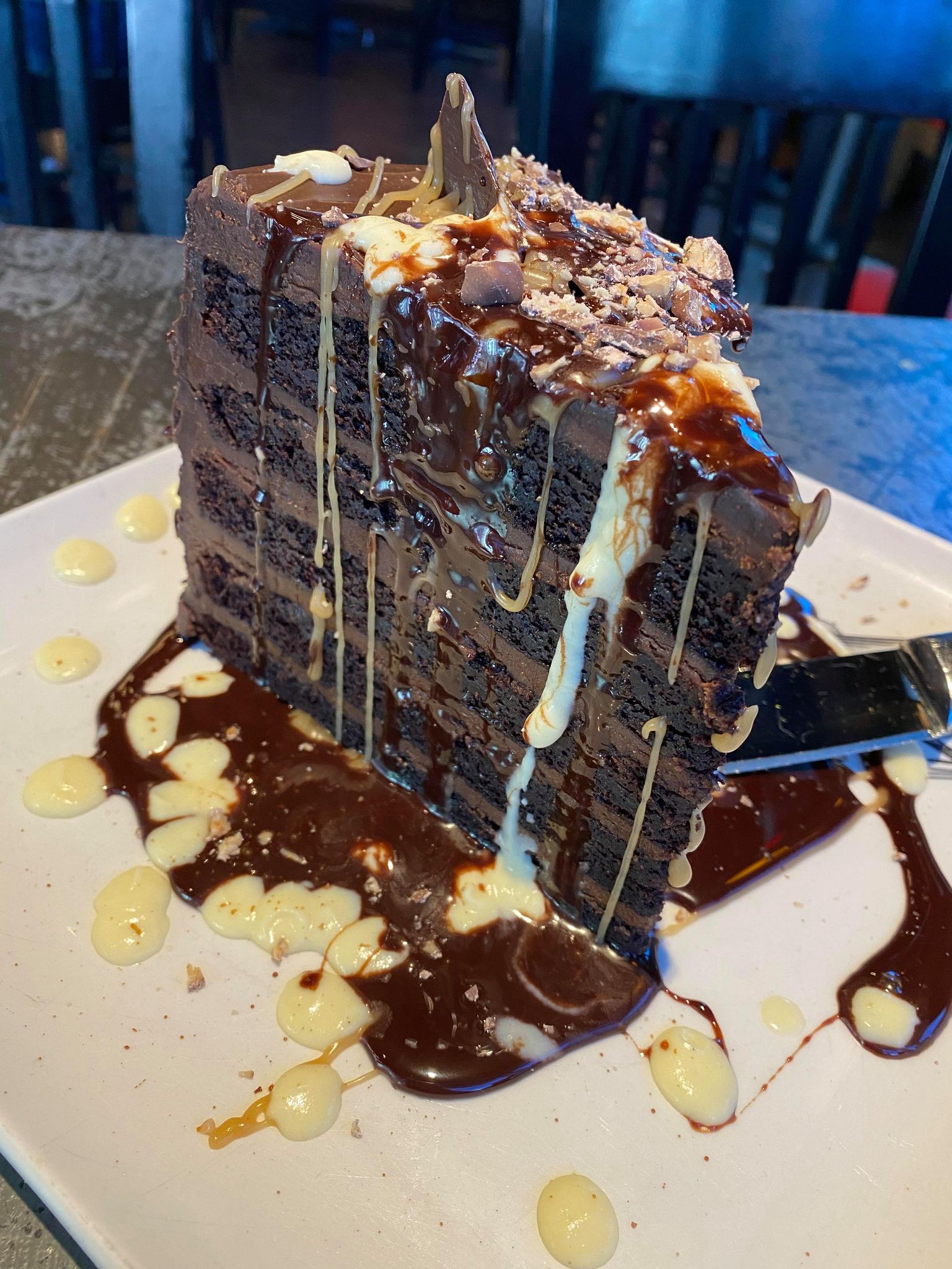 chocolate cake with chocolate drizzle from Guy Fieri's Vegas Kitchen & Bar