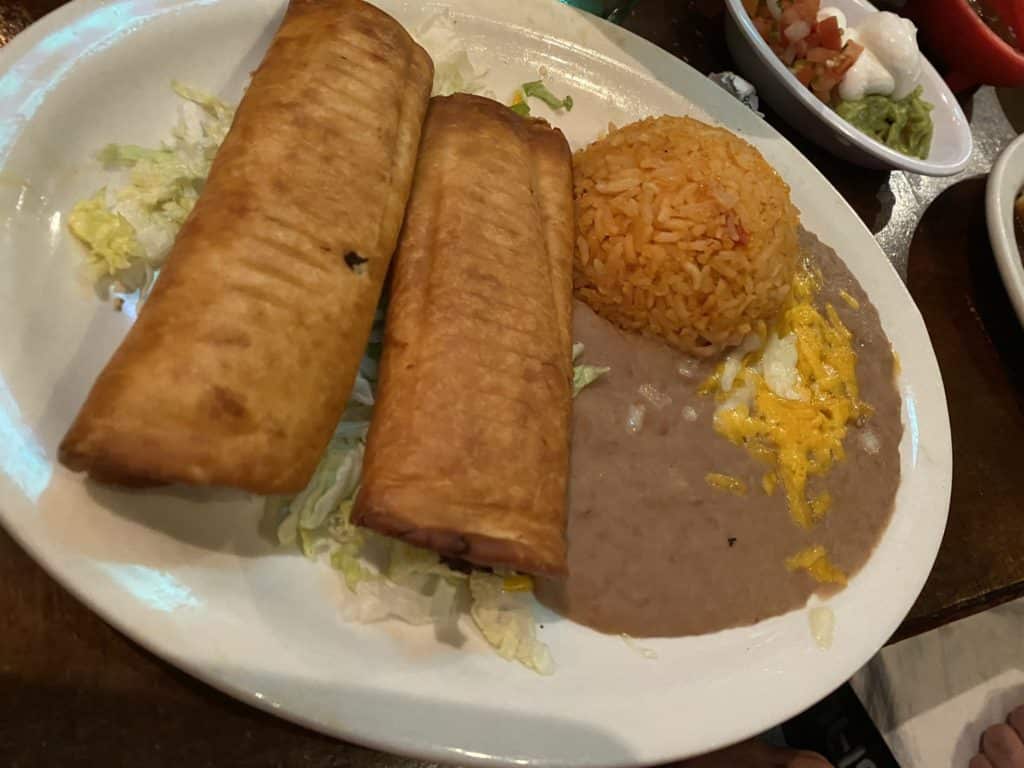 Chimichangas with refried beans and rice and lettuce from Juan's Flaming Fajitas in Las Vegas