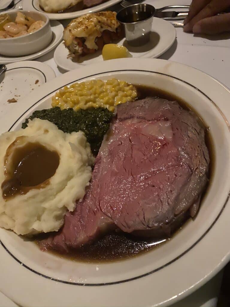 Prime Rib, mashed potatoes and gravy, creamed spinach, and creamed corn from Lawry's Prime Rib in Las Vegas