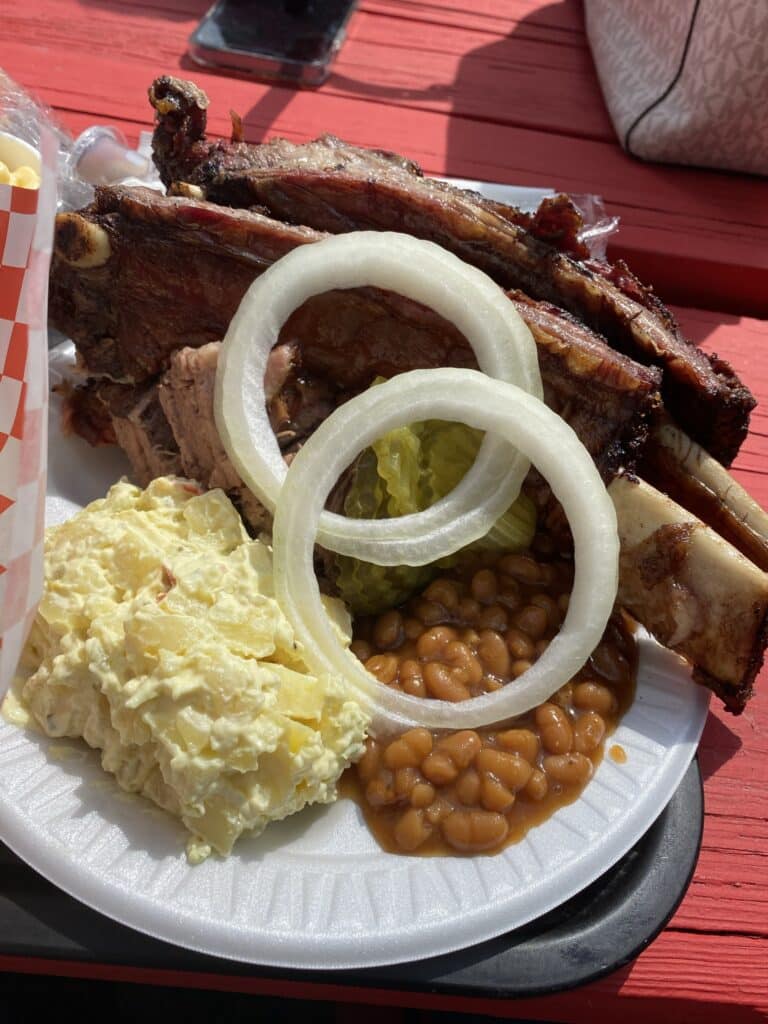 Augie's BBQ in San Antonio - bbq ribs with potato salad and baked beans