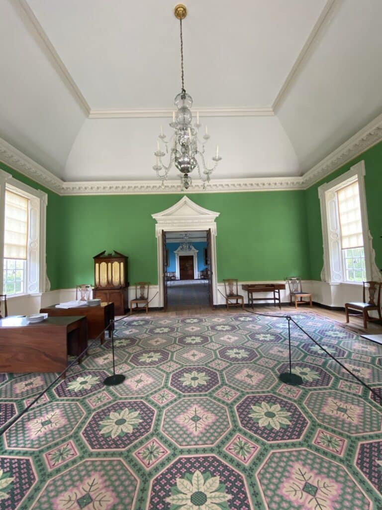 green painted room at the Governor's Palace in Colonial Williamsburg