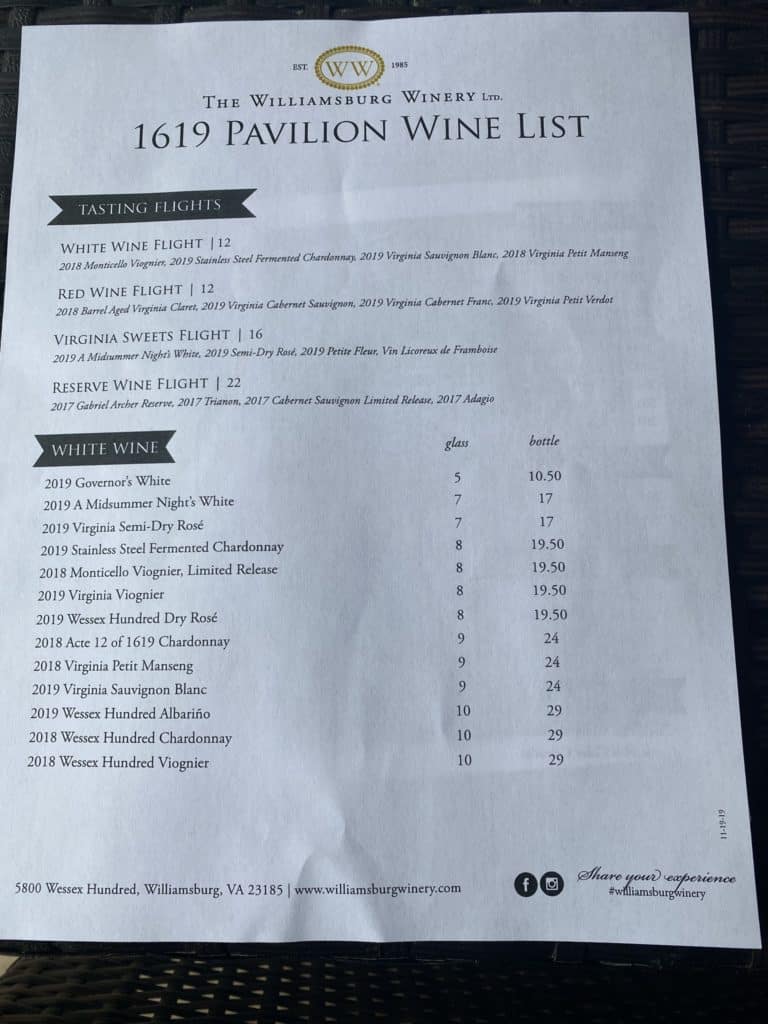 wine tasting list at Williamsburg Winery