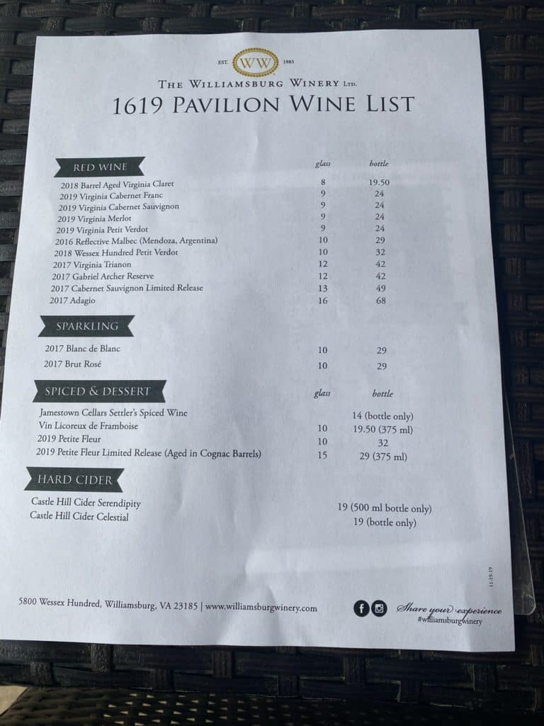 wine tasting list at Williamsburg Winery