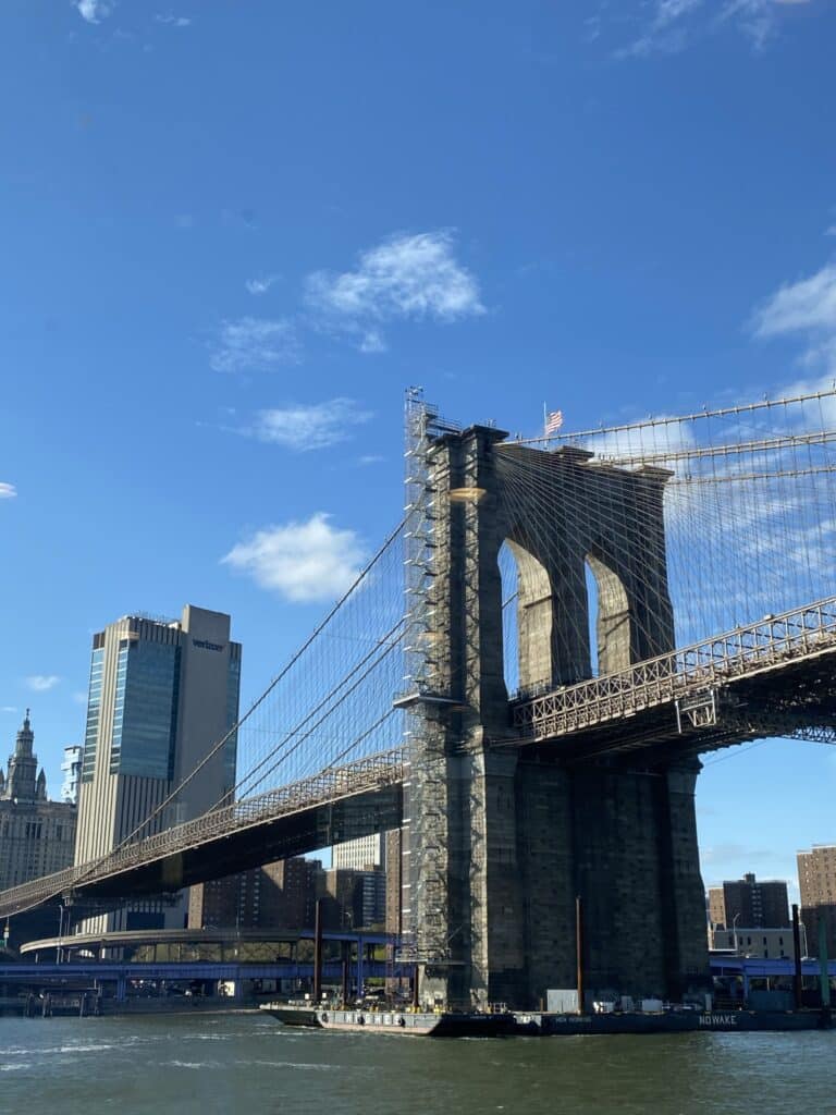 view of Brooklyn Bridge from the Statue of Liberty ferry