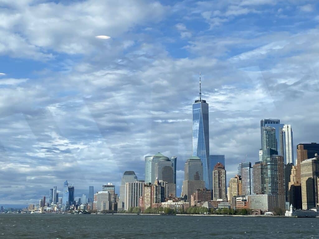 view of Manhattan from the Statue of Liberty ferry