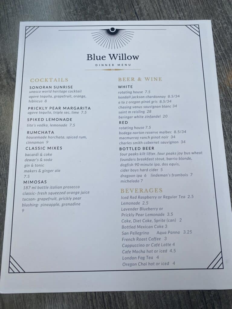 Blue Willow dinner menu in Tucson