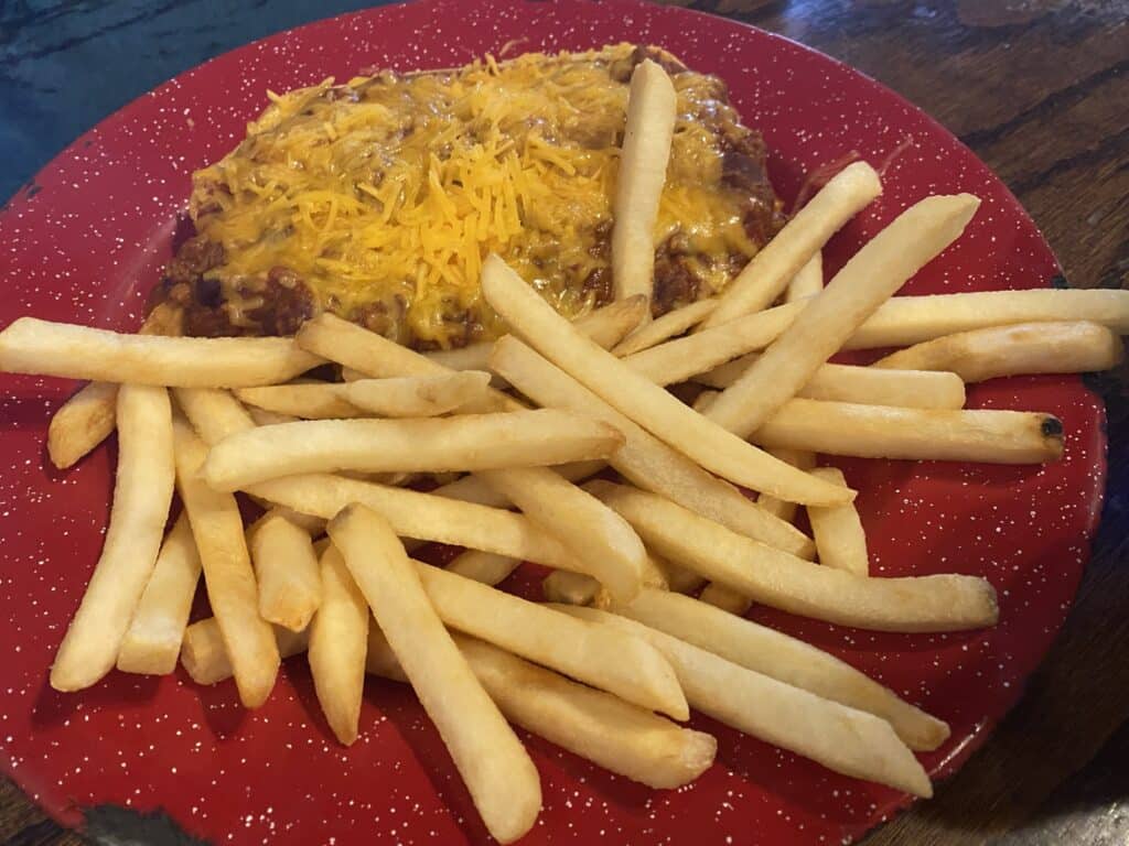 chili cheese dog and fries from Crystal Palace Saloon in Tucson