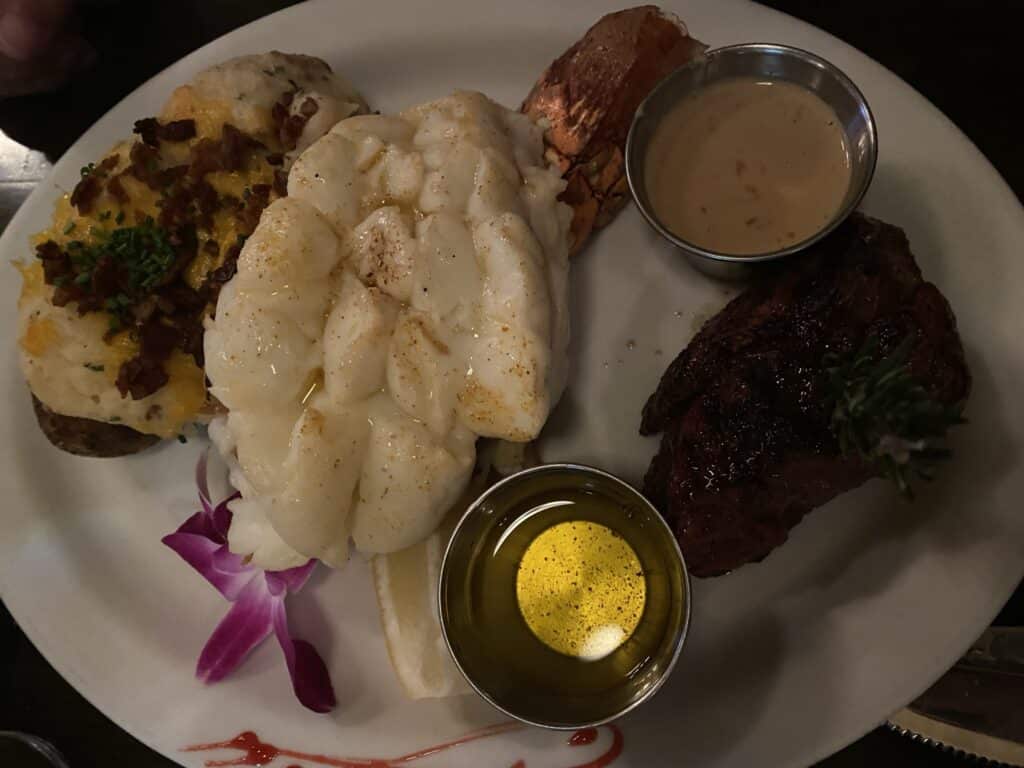 filet, lobster tail, and baked potato at Holdren's Steaks & Seafood in Santa Barbara