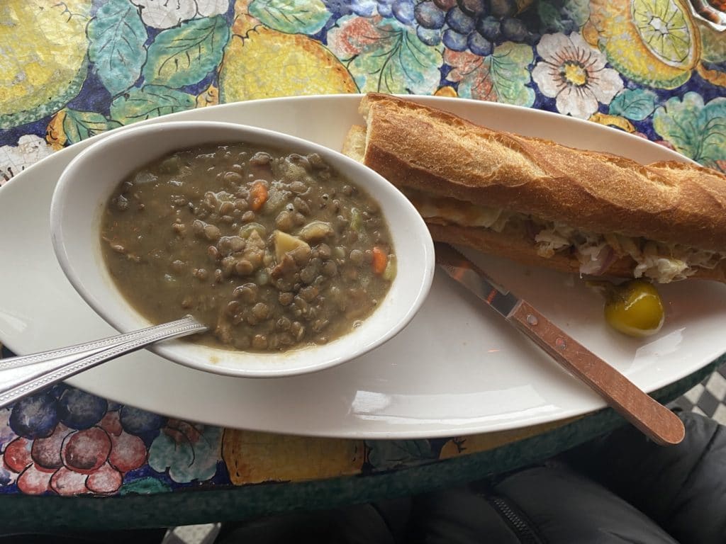 Crab Melt Panini and Lentil and Bacon Soup from Calzone's Restaurant in San Francisco