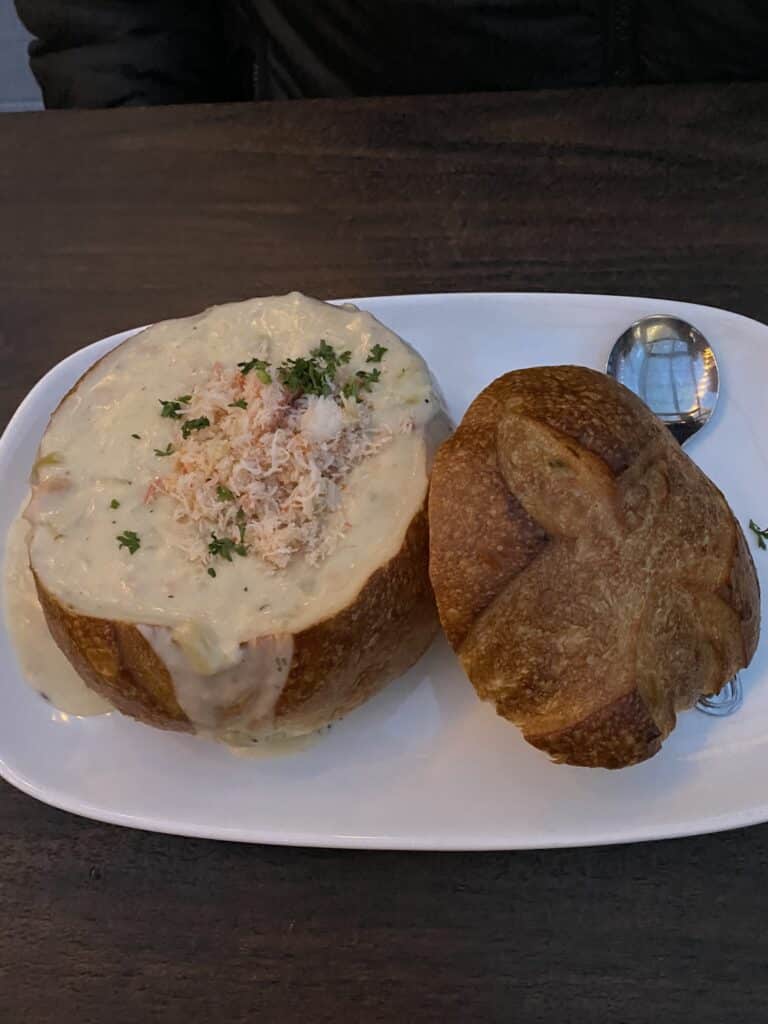 clam and crab chowder sourdough bread bowl from Crab House on San Francisco's Pier 39