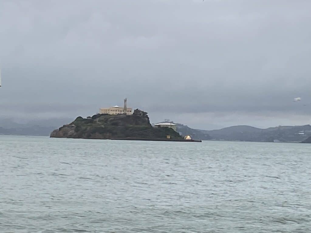 view of Alcatraz Island from the night tour ferry