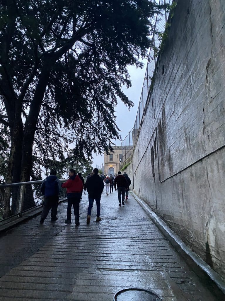 the uphill walk to the Alcatraz prison