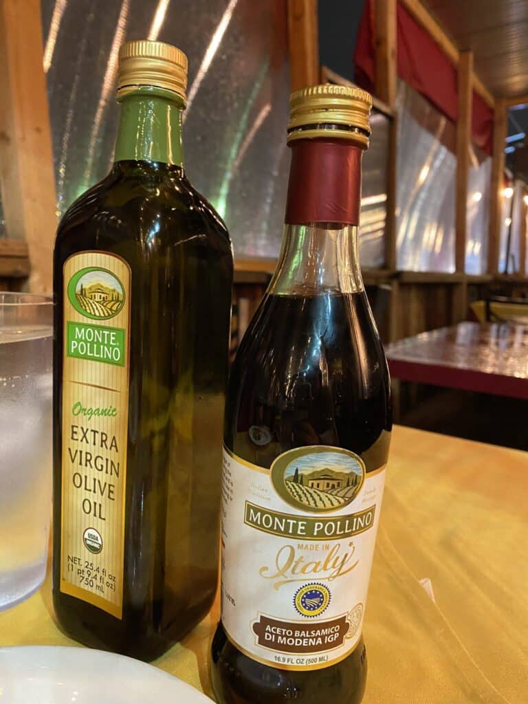 olive oil and balsamic vinegar from Mona Lisa Ristorante in San Francisco