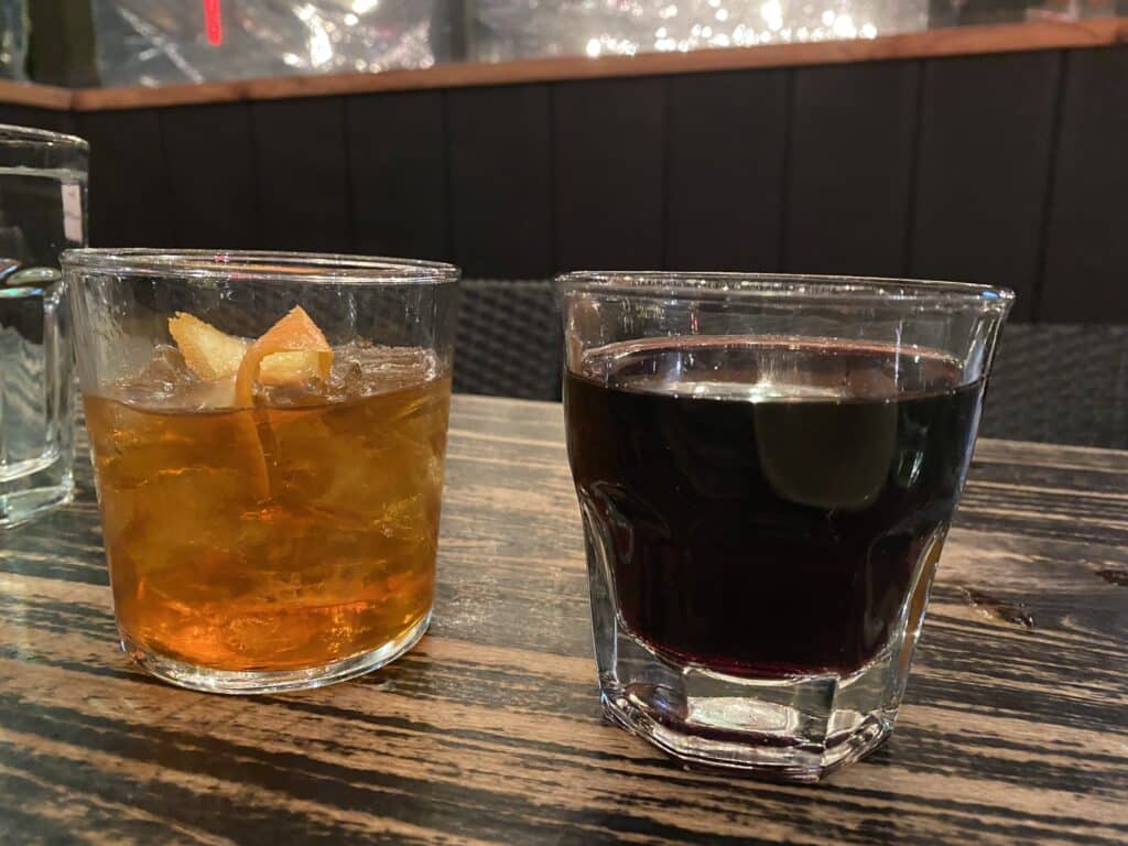 an Old Fashioned and a Super Tuscan Red Blend wine from Tony's Pizza Napoletana in San Francisco