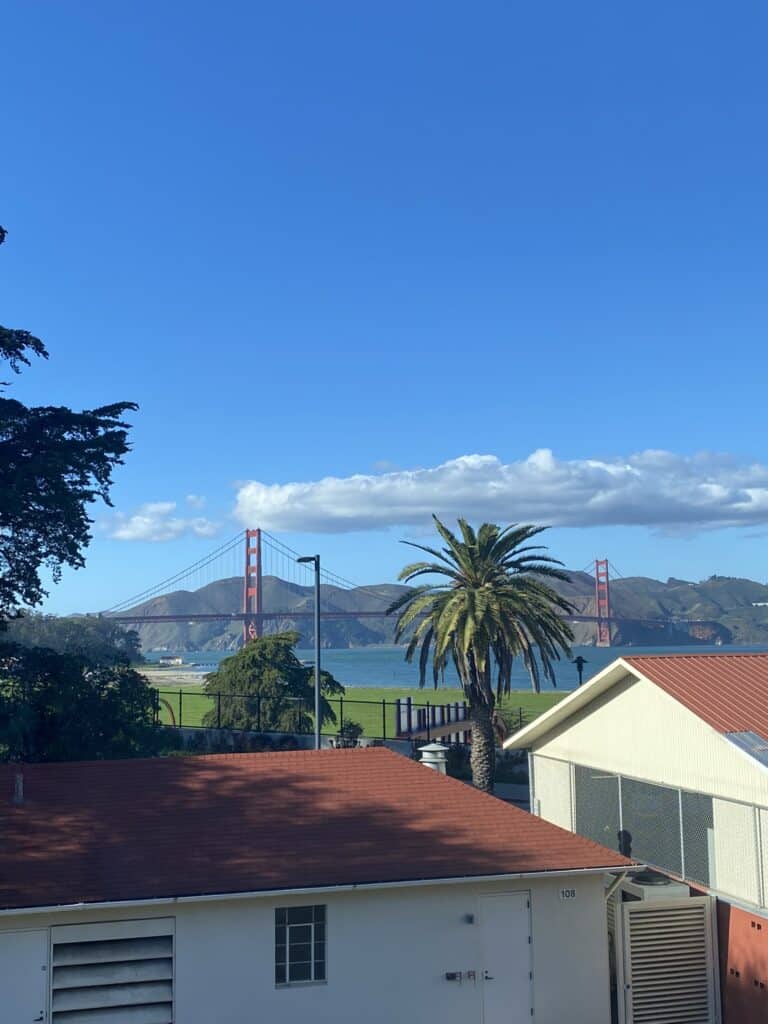 zoomed in view of the Golden Gate Bridge from the Walt Disney Family Museum