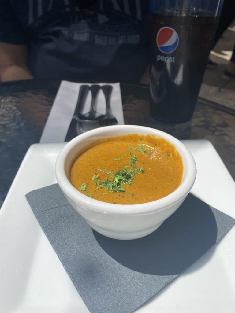 small cup of spinach and tomato soup from V Bistro and Bar in Downtown Murphys