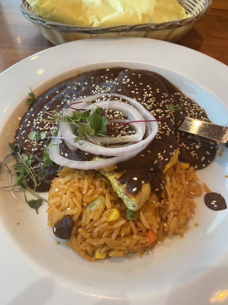 La Huasteca at The Source OC one of the best Mexican restaurants in Orange County - Chicken Mole Negro with rice