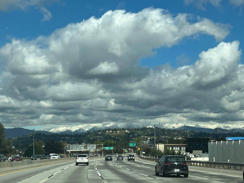 snowfall in the mountains just outside of Downtown LA