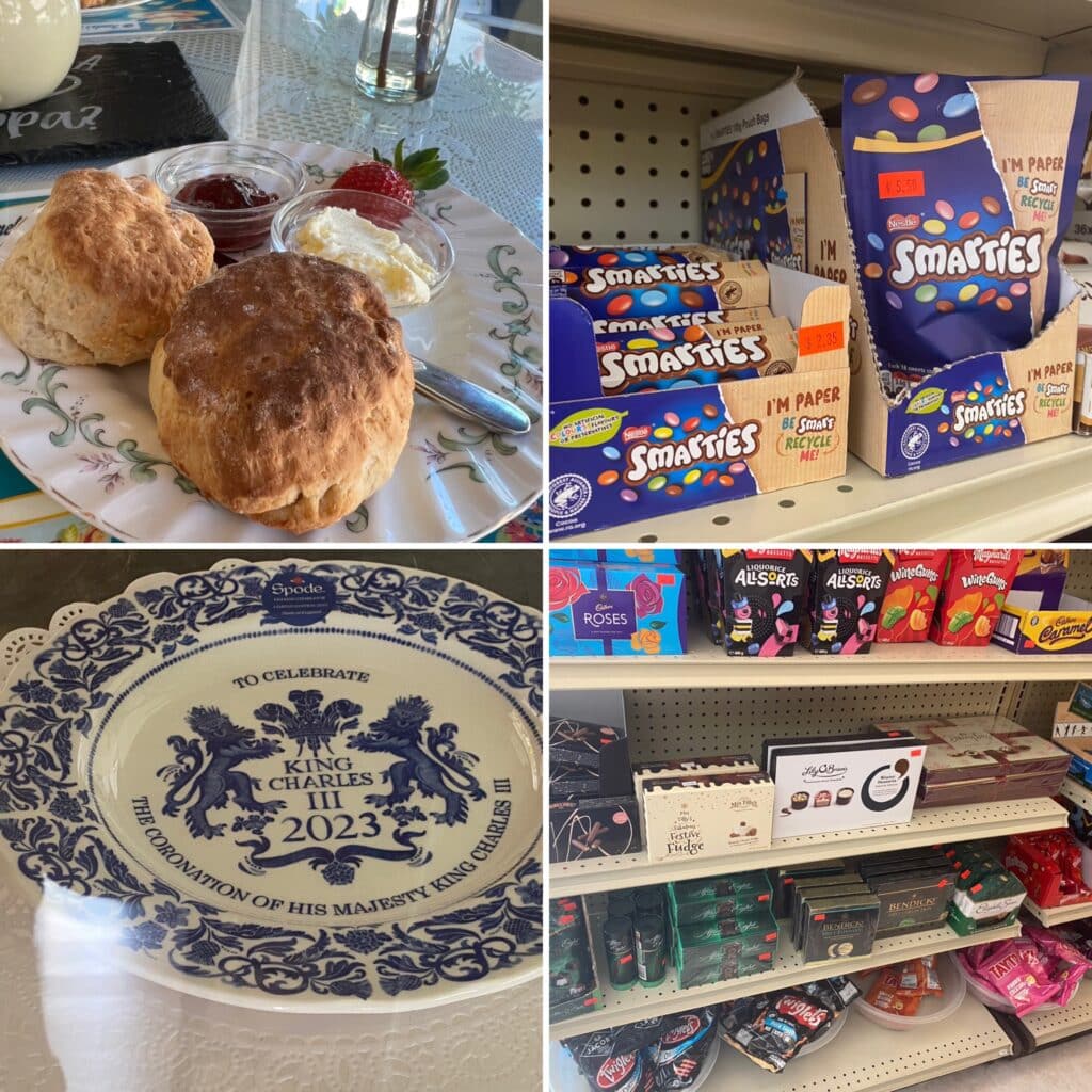 Scones, imported UK chocolates, and a commemorative King Charles III plate from Pamela's Tea Room in Old World Village