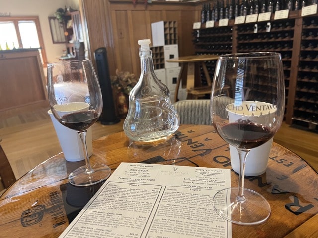 Rancho Ventavo Wine Tasting Room at Heritage Square Park in Oxnard, California - wine glasses and tasting menu