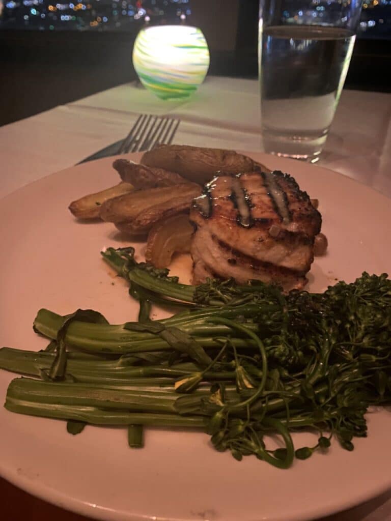 swordfish, broccolini, and potatoes from Chart House