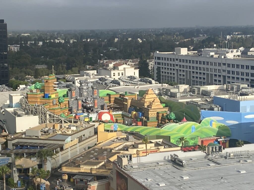 view of Super Mario World from the escalators at Universal Studios Hollywood