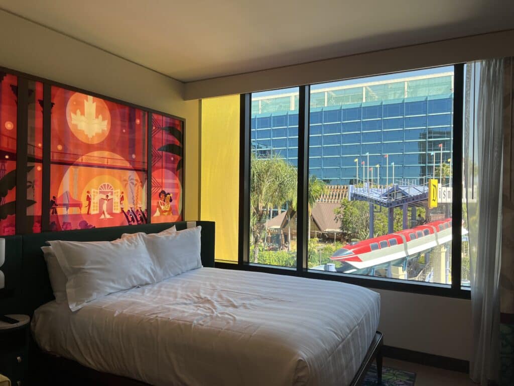 bed and room view in the Deluxe Studio Villas at Disneyland Hotel
