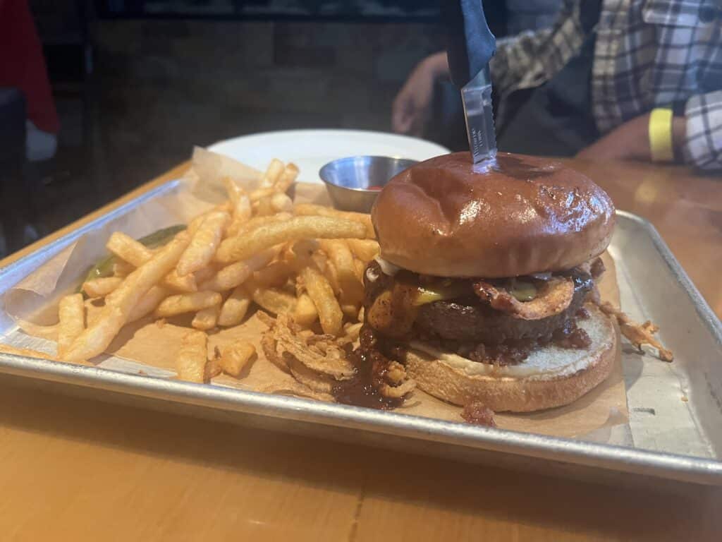 Western Burger and fries from Idyllwild Brewpub