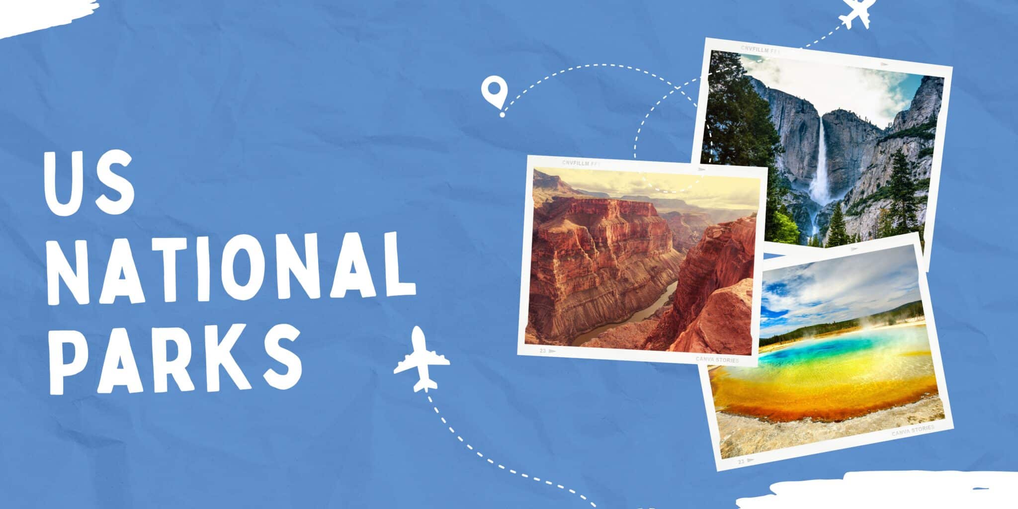US National Parks banner image with 3 images of various national parks