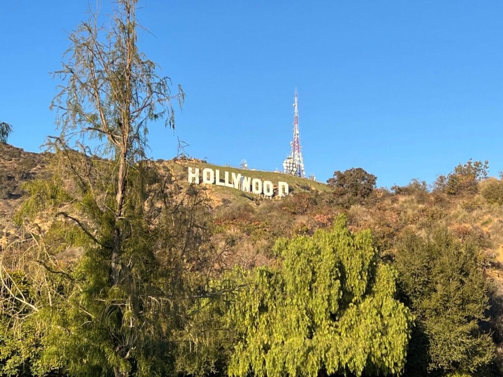 view of the Hollywood sign from Lake Hollywood Park
