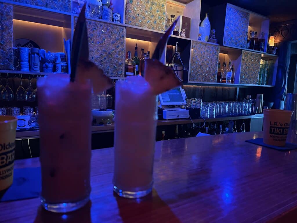 Tonga Hut tiki bar in Palm Springs - Nutty Chi Chi drink and Syd Thomas' Kraken the Dole Whip drink
