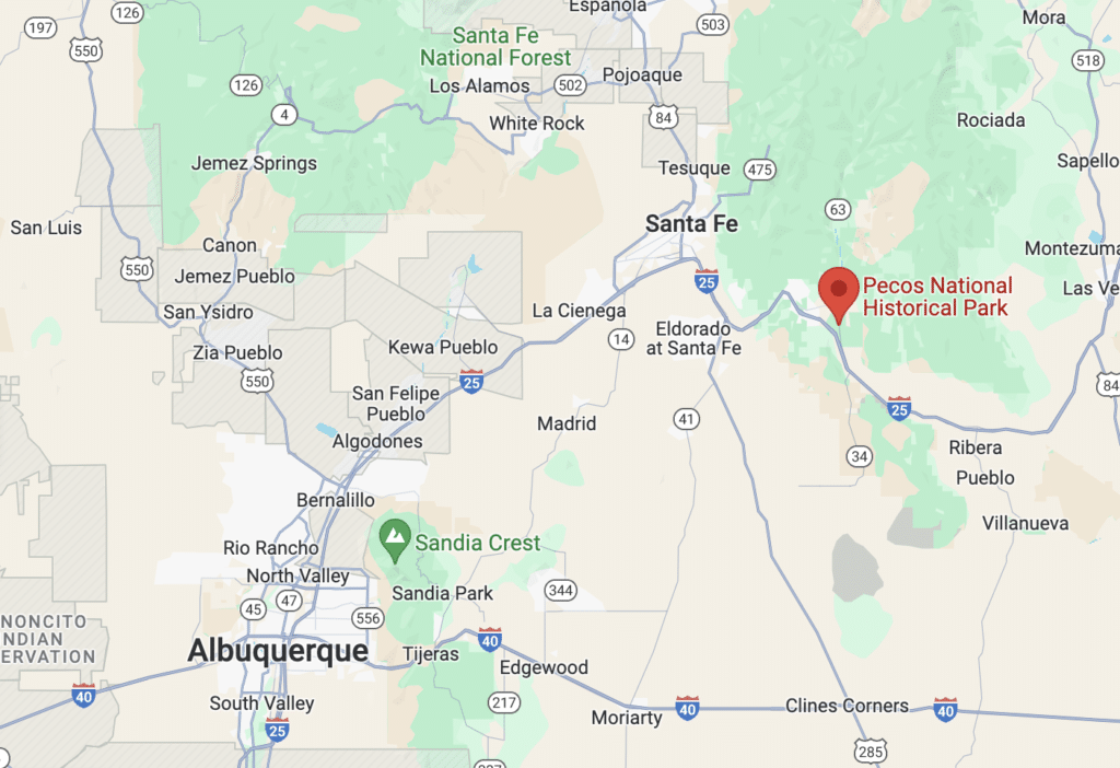 map of where Pecos National Historical Park is in relation to Santa Fe and Albuquerque