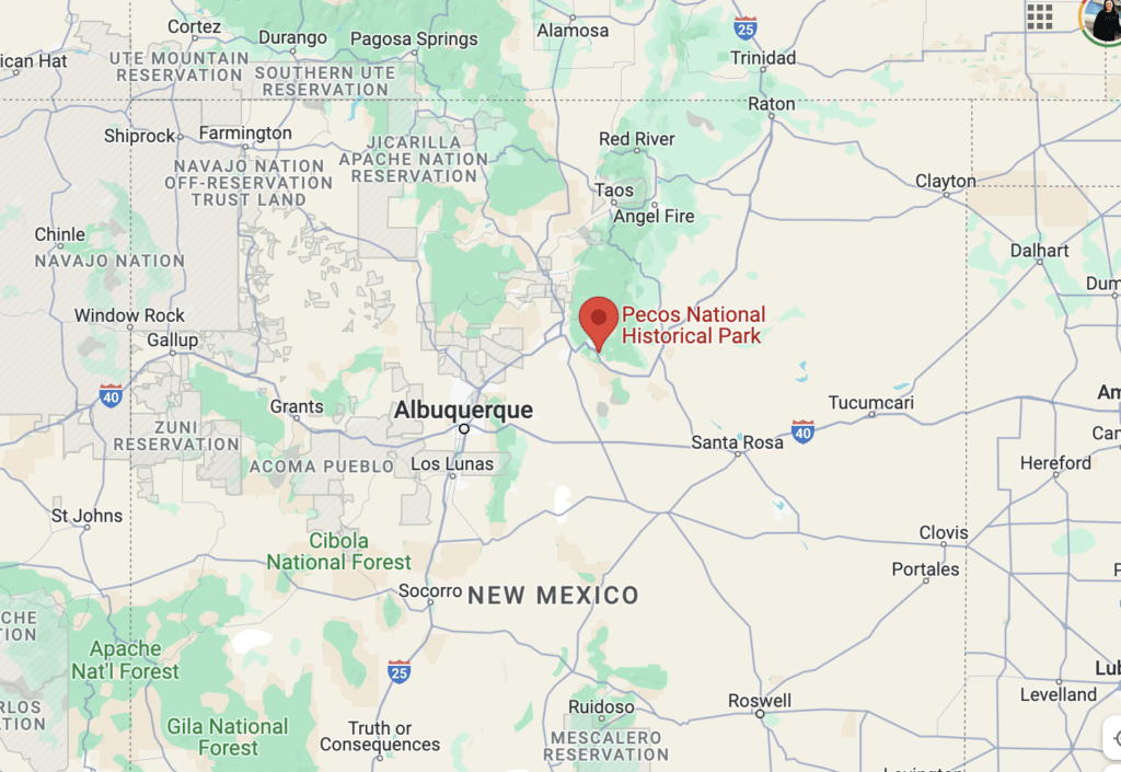 map of where Pecos National Historical Park is in relation to the state of New Mexico