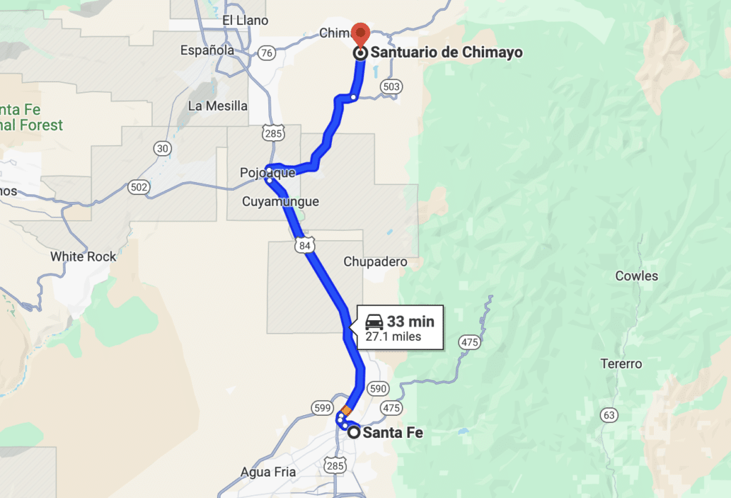 map of driving route from Santa Fe to Santuario de Chimayo
