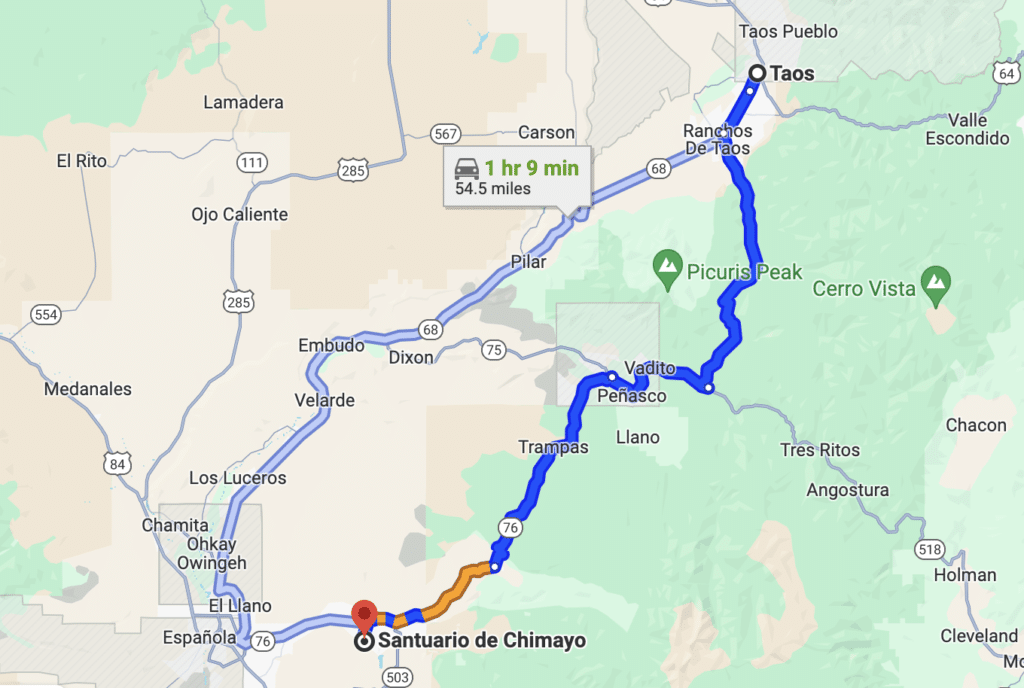 route from Taos to Santuario de Chimayo