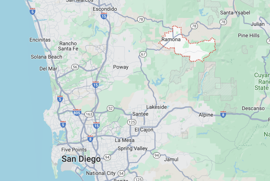 map of where Ramona is located in relation to San Diego and Escondido