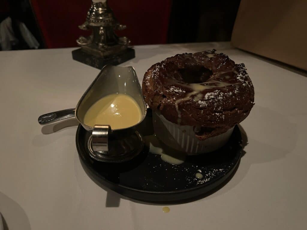 chocolate souffle with grand marnier sauce from The Cellar in Downtown Fullerton