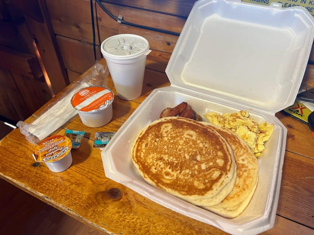 breakfast at Tucumcari KOA - pancakes, bacon, and eggs